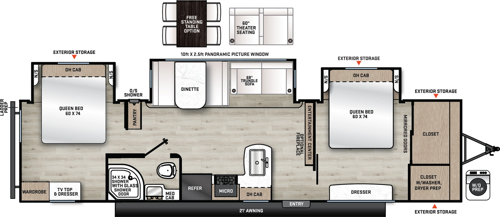 Aurora 34BHTS (2 Queen Beds) Floorplan